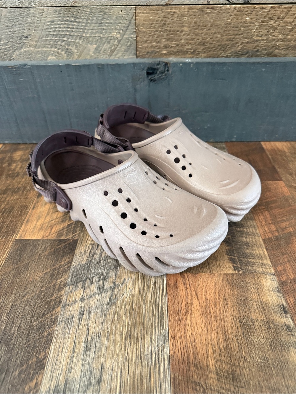 CROCS Slip-On Clogs in Taupe with Dark Brown Strap. Run a little big.